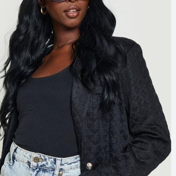 Black Jacket Blazer Luxury Sz Large Diamond Quilted Gold Button Cocktail Modern - Picture 4 of 15